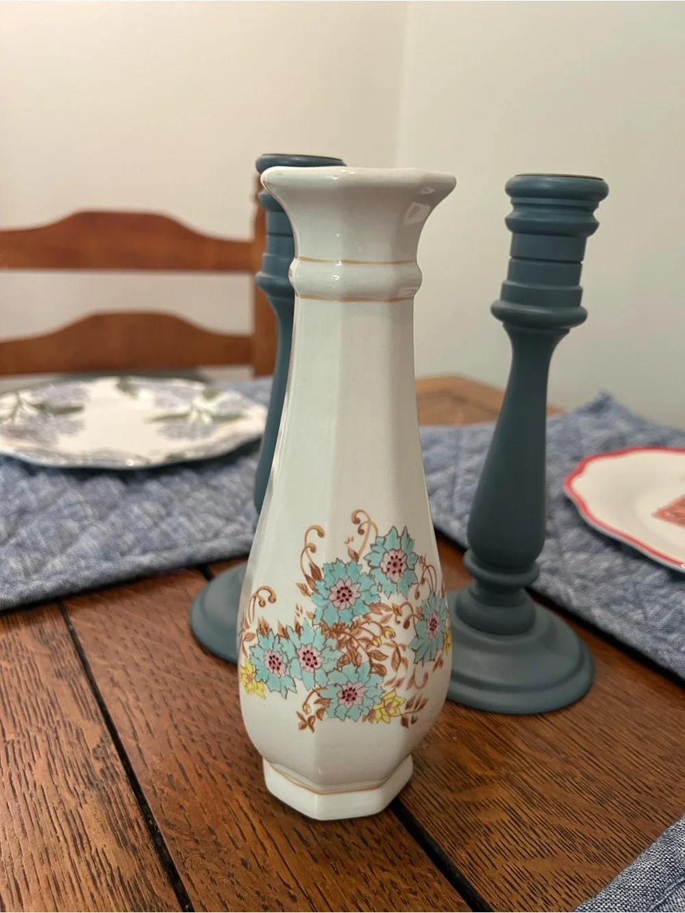 Vintage Floral porcelain Bud Vase in White and Turquoise